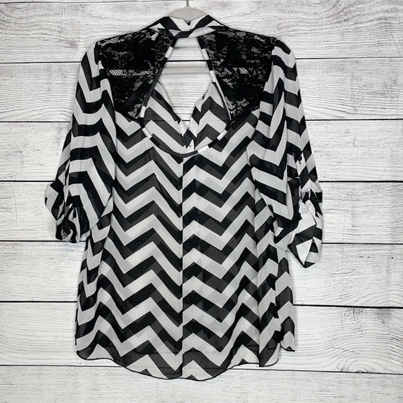 Bongo Black & White Chevron Stripe Sheer Button Down Blouse with Lace Insets - Picture 4 of 4